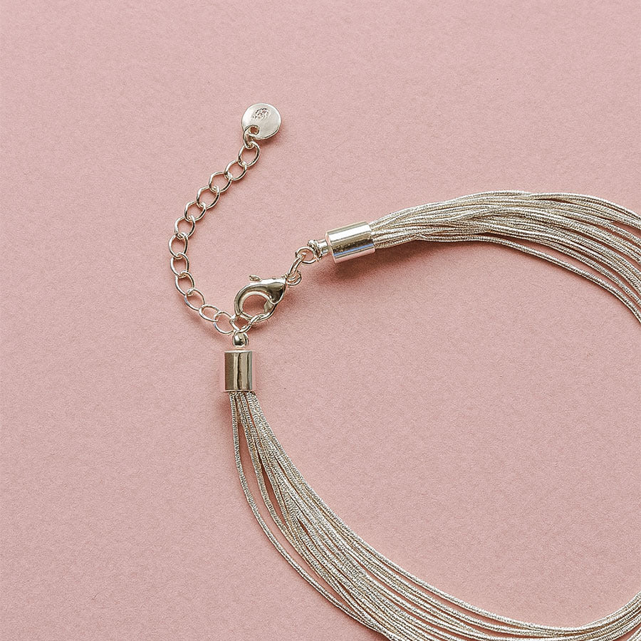 Silver tassel necklace on a pink background