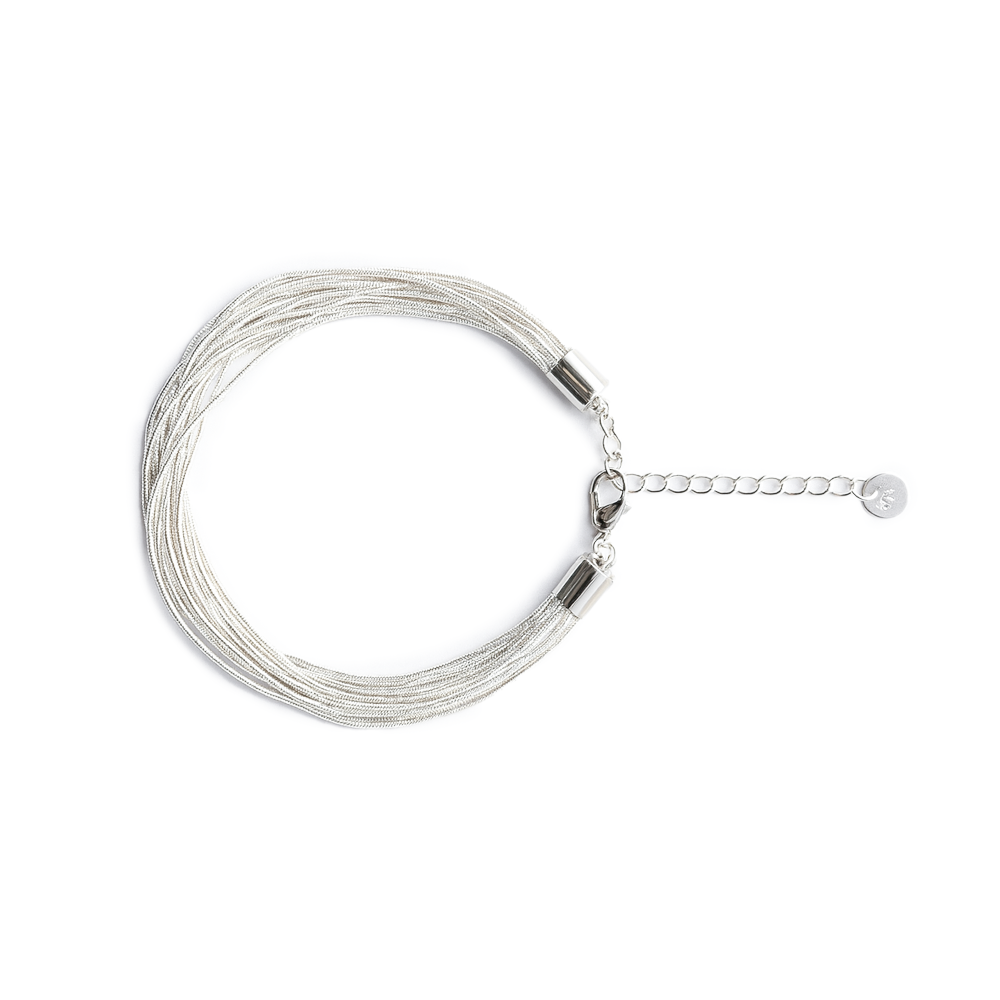 Silver necklace with multiple thin strands on a white background