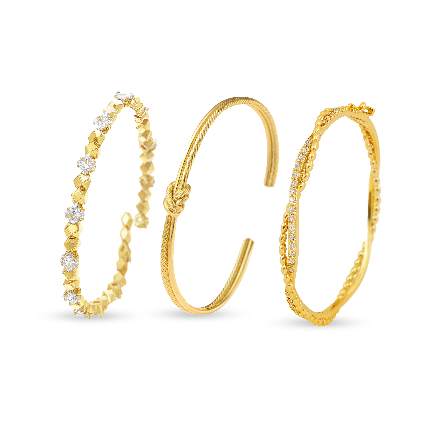 Stylish gold bracelet stack for women featuring a crystal stud bracelet, twisted knot bangle, and slim chain bracelet. Perfect for daily wear, party styling, or layering with other gold jewelry.