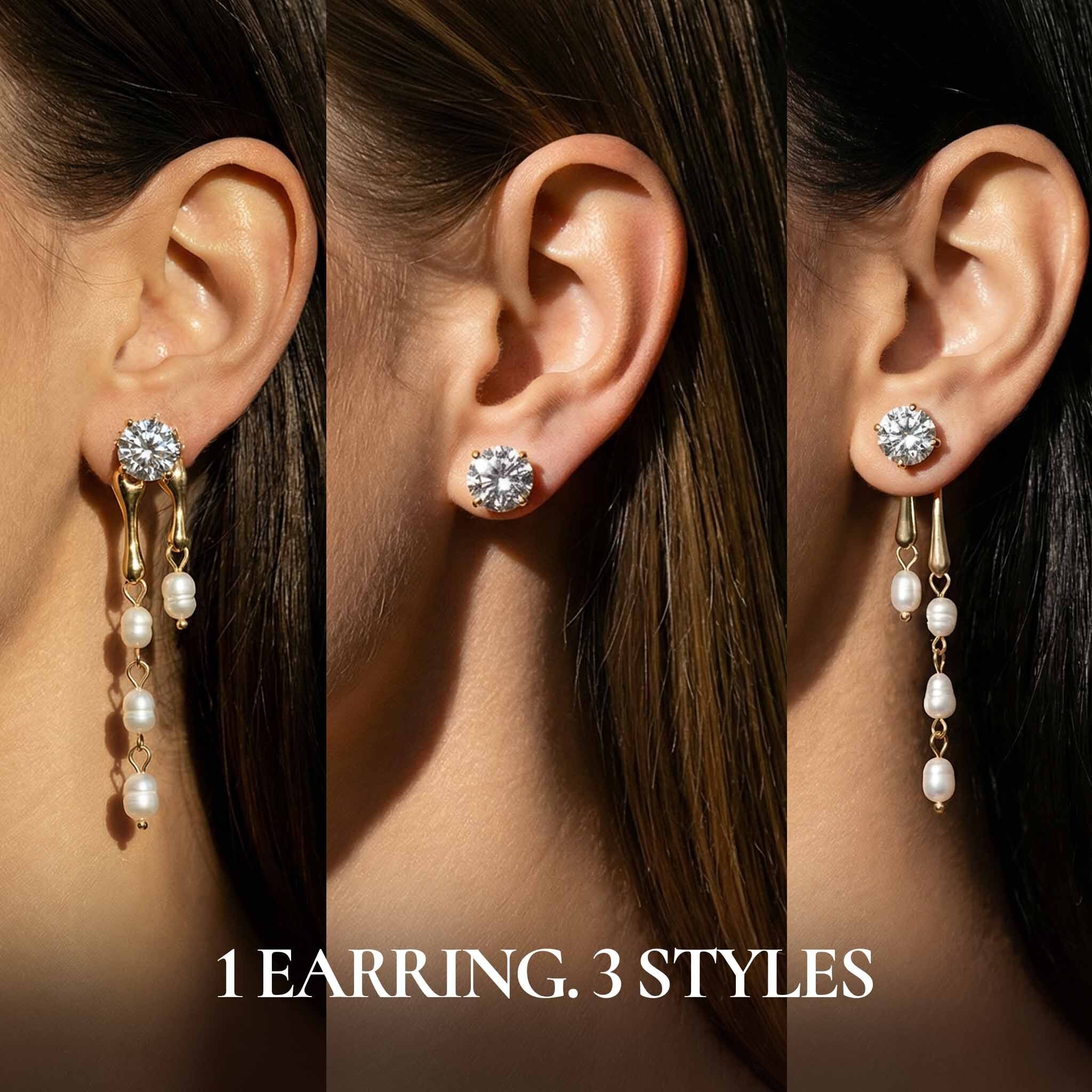 Three views of an earring for women on an ear with text '1 EARRING. 3 STYLES'.