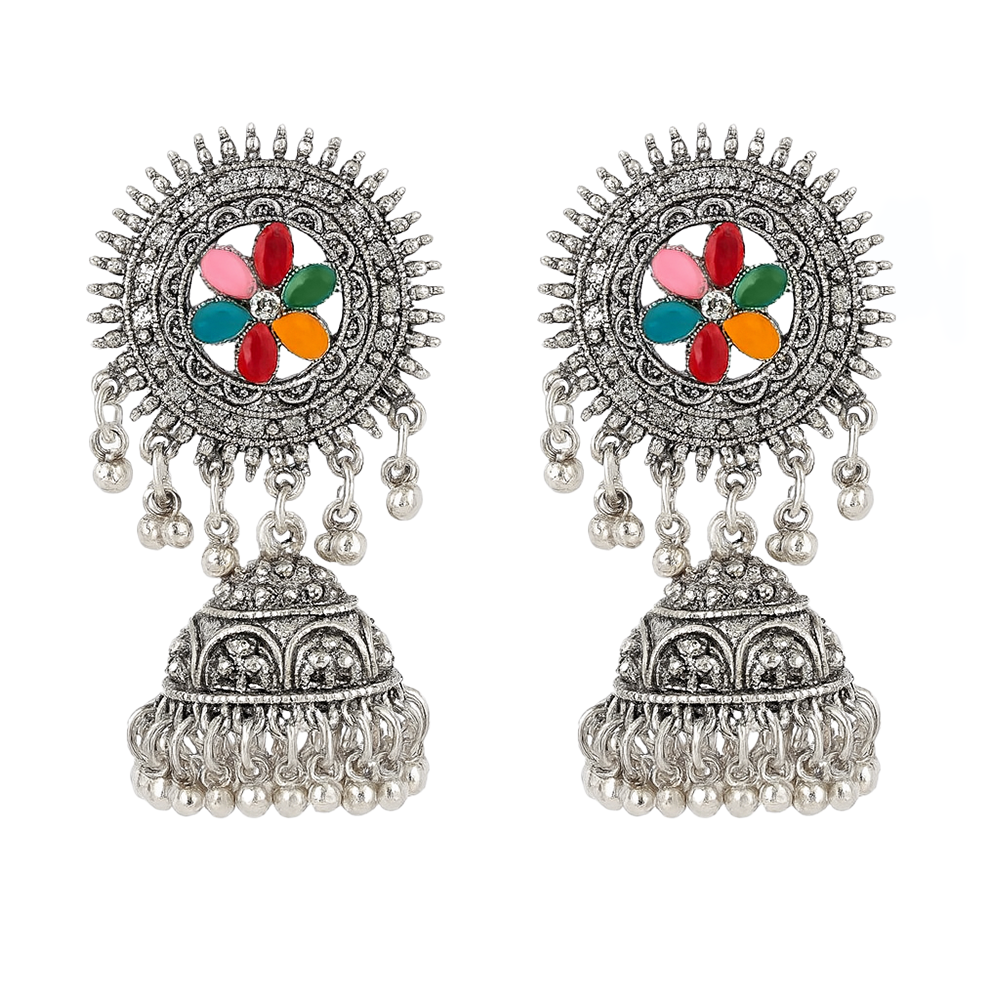 Ornate earrings for women  with colorful floral design and pearl-like beads on a white background