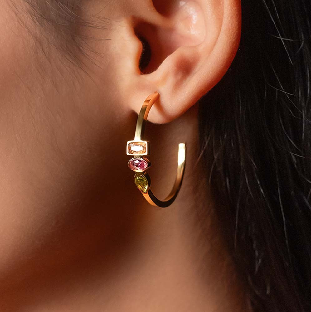 trendy gold hoop earrings  for women with colorful gemstone accents for women