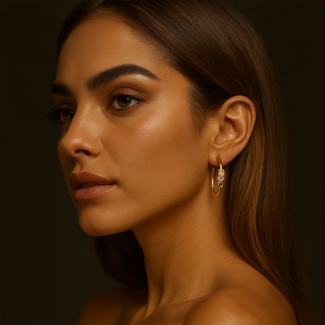 hoop earrings for women with pink green and peach stones stylish gold jewellery