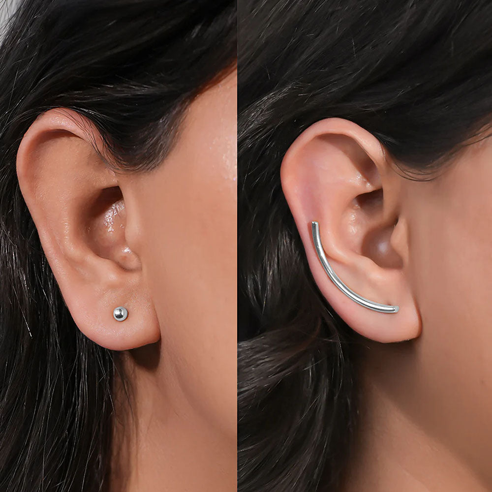 Side-by-side comparison of an ear with a small stud earring and another ear with a curved hoop earring.
