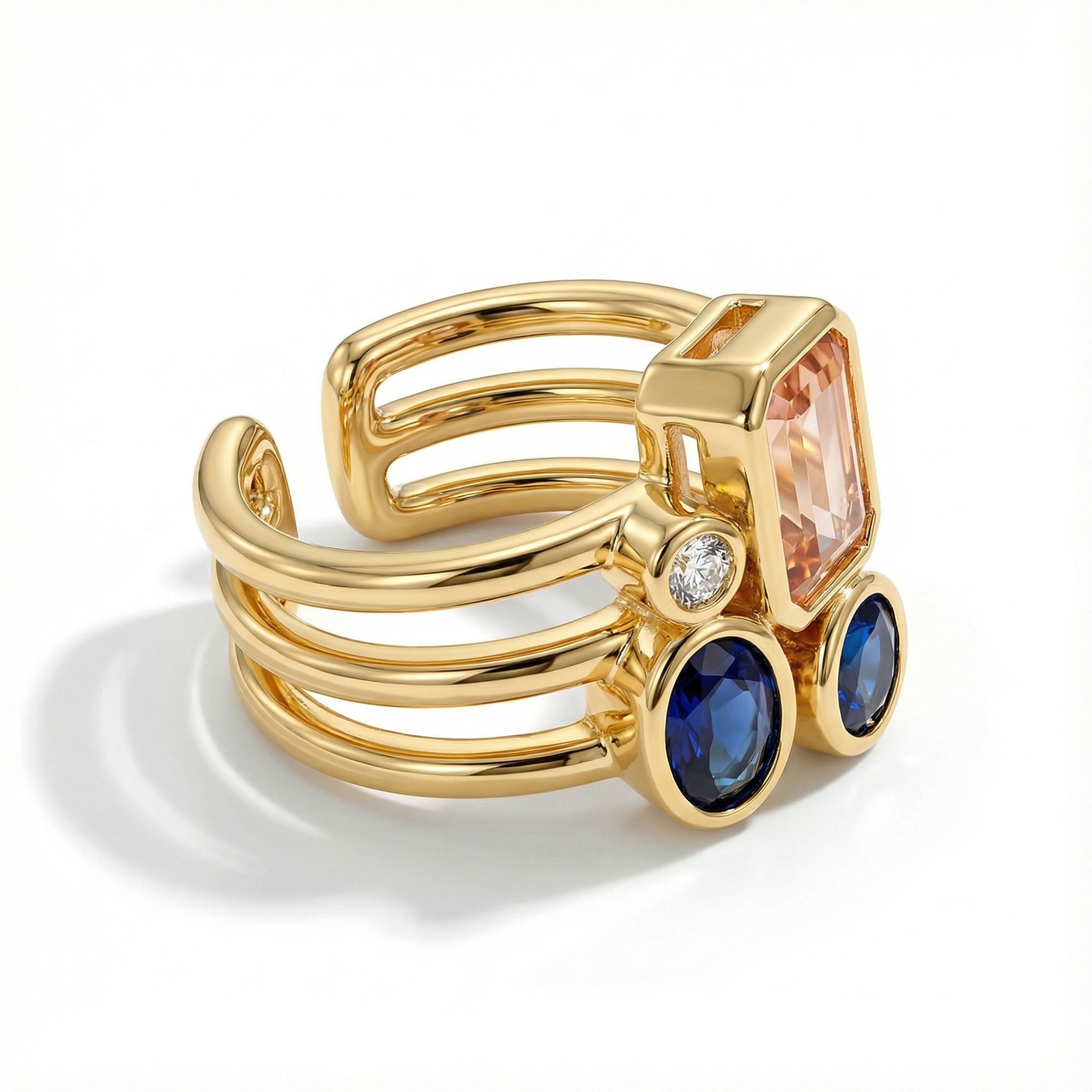 Gold adjustable ring for women with blue stones and rectangular crystal by Amalfa Jewellery
