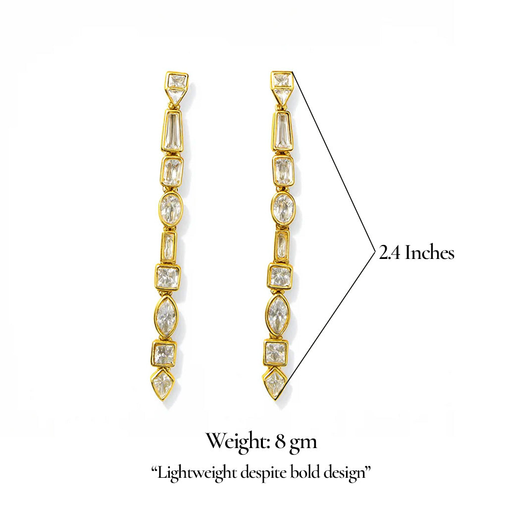 Gold earrings with gemstones on a white background, showing measurements and weight.