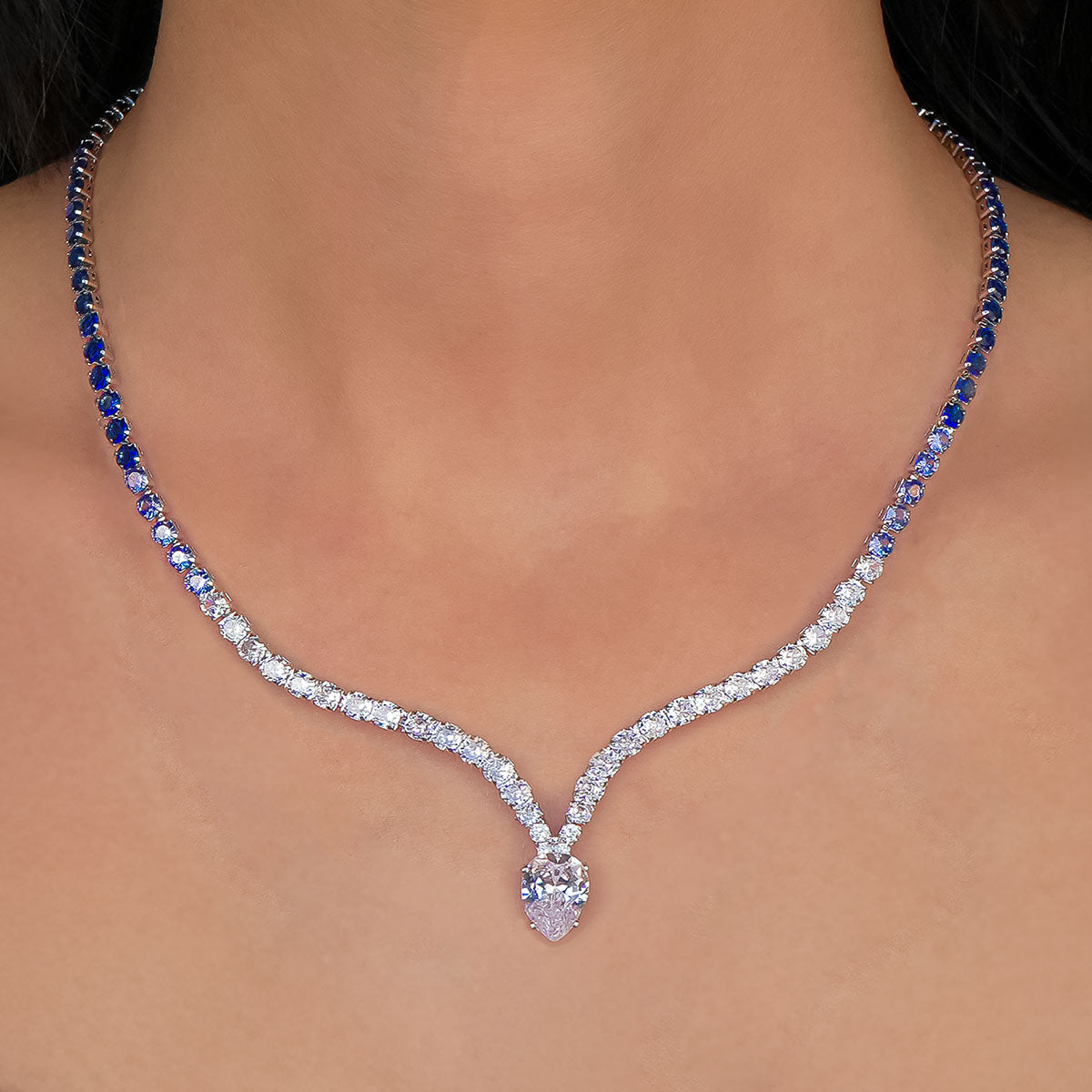 Blue Sapphire Diamond V-Curve Necklace For Women