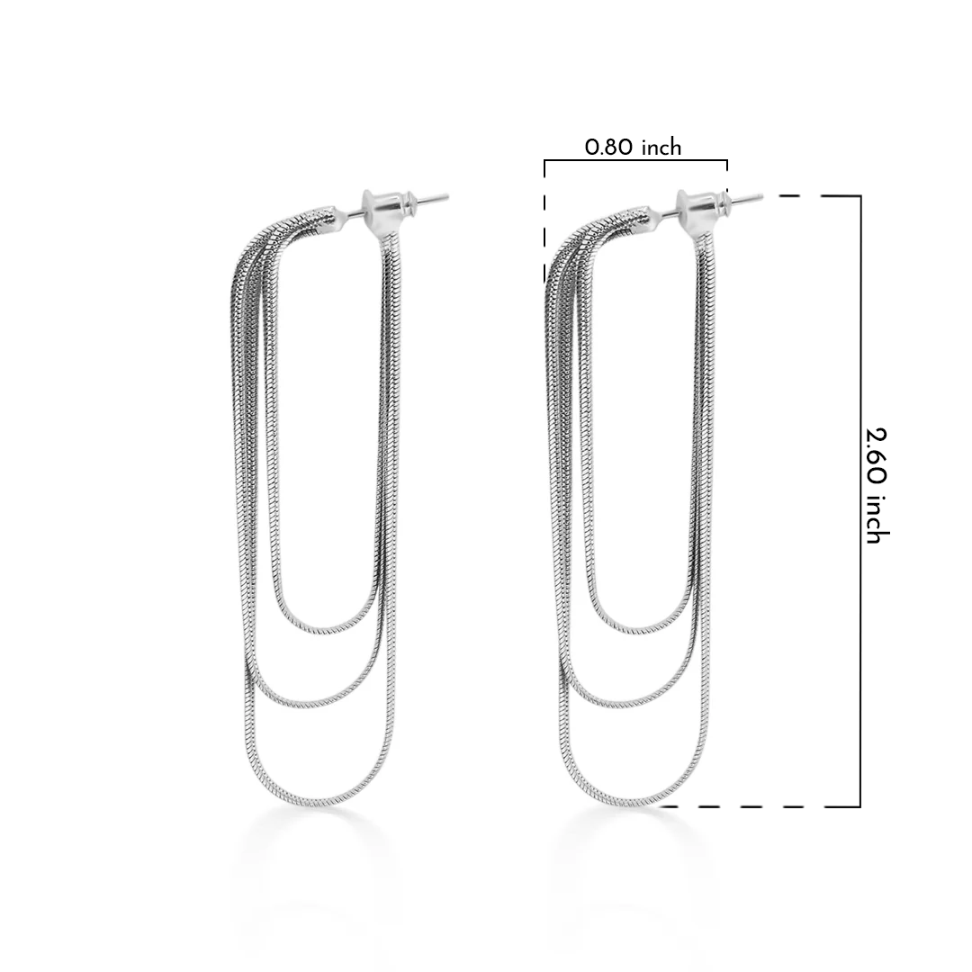 Silver hoop earrings for women with measurements on a white background