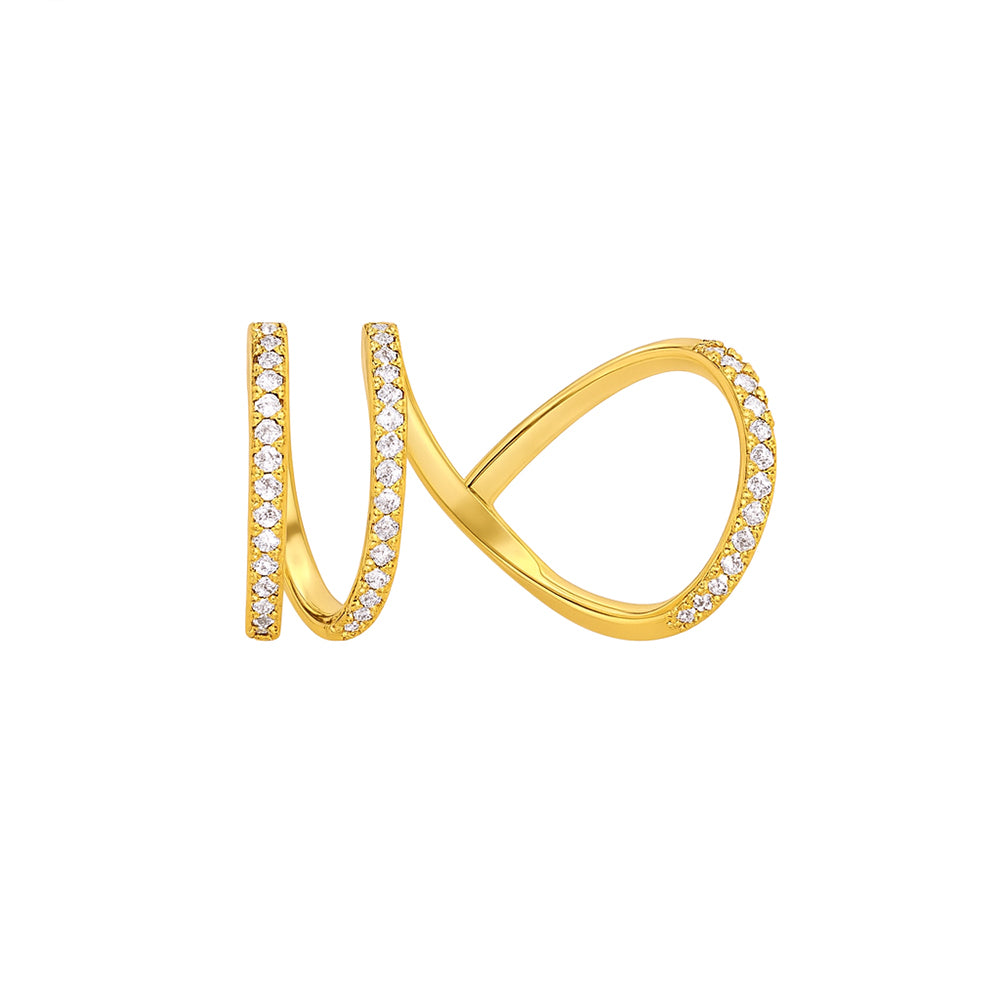 Gold ring with embedded diamonds on a white background