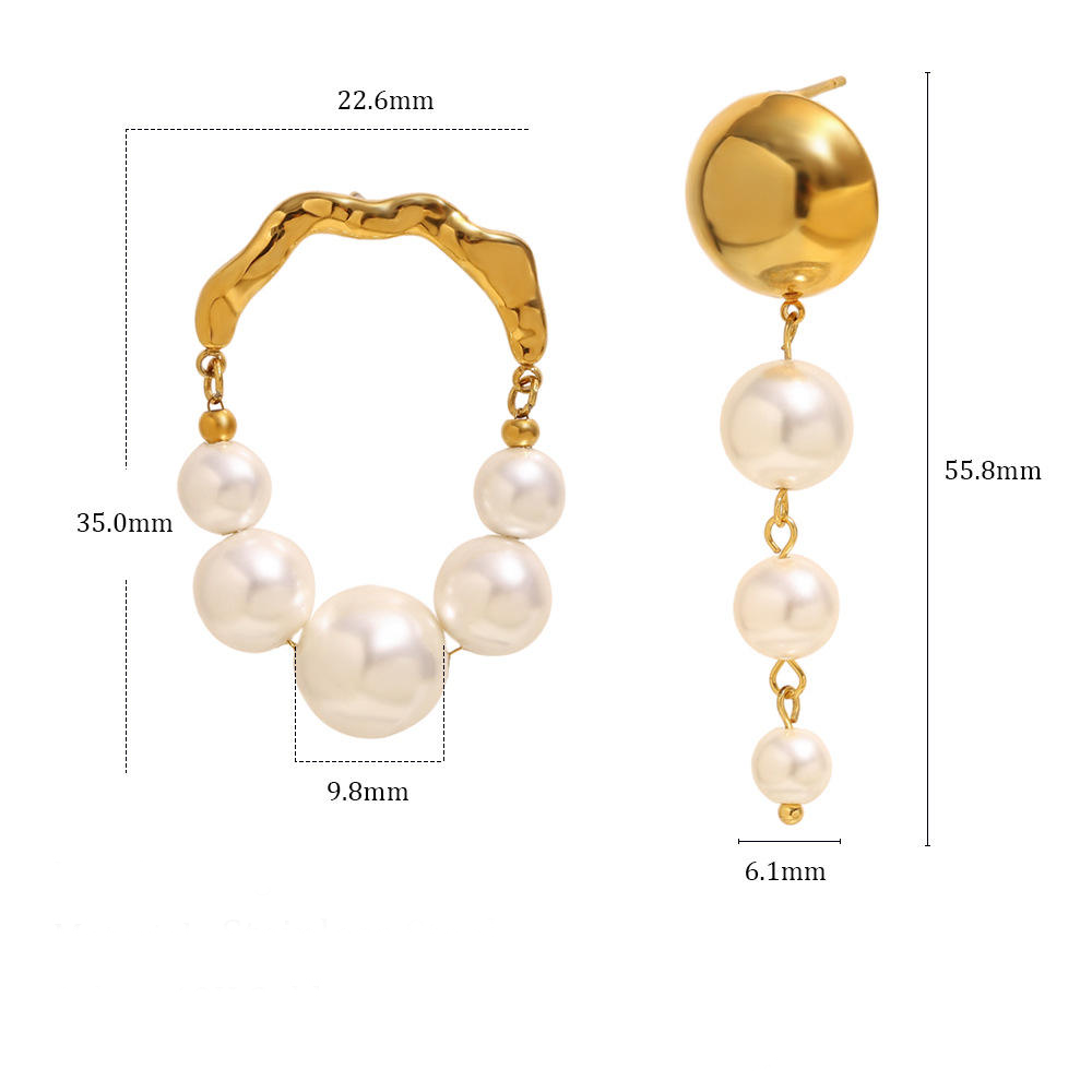 Gold and pearl earring with measurements on a white background