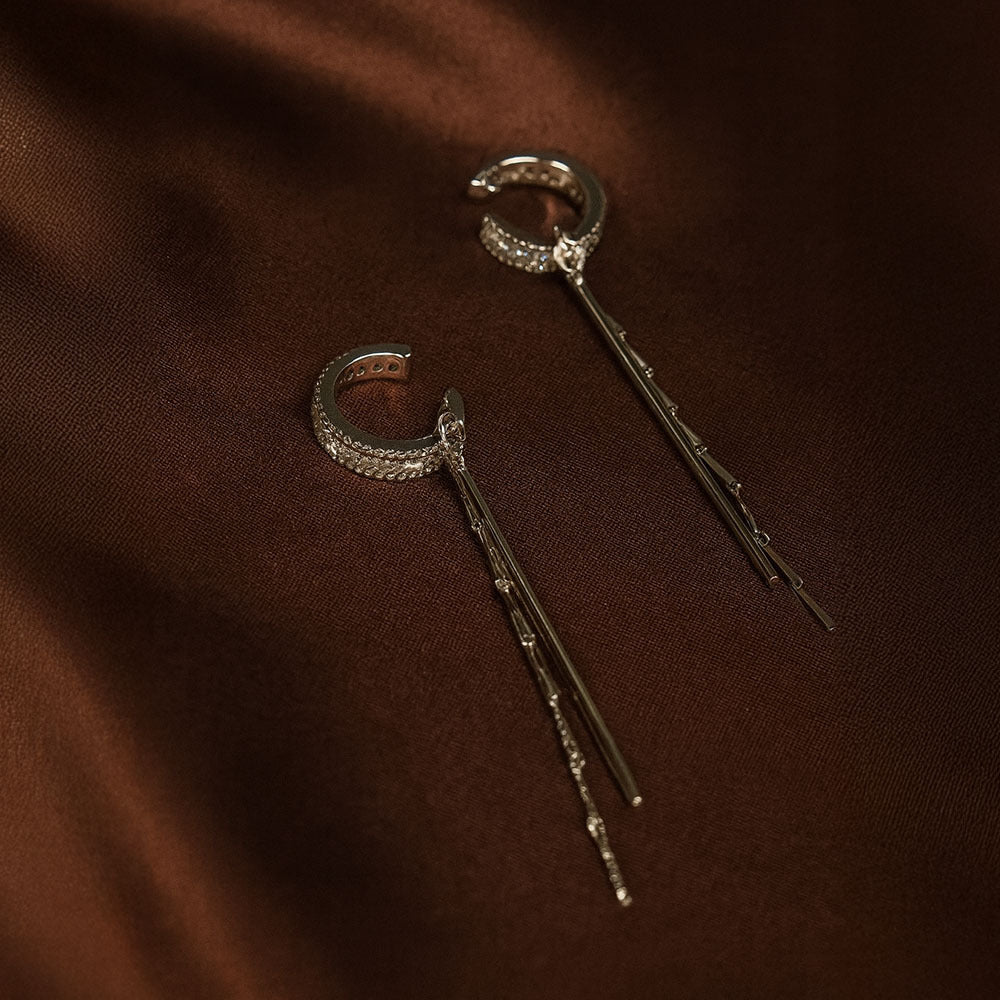 silver tassel drop earrings for women with crystal ear cuff party wear jewelry