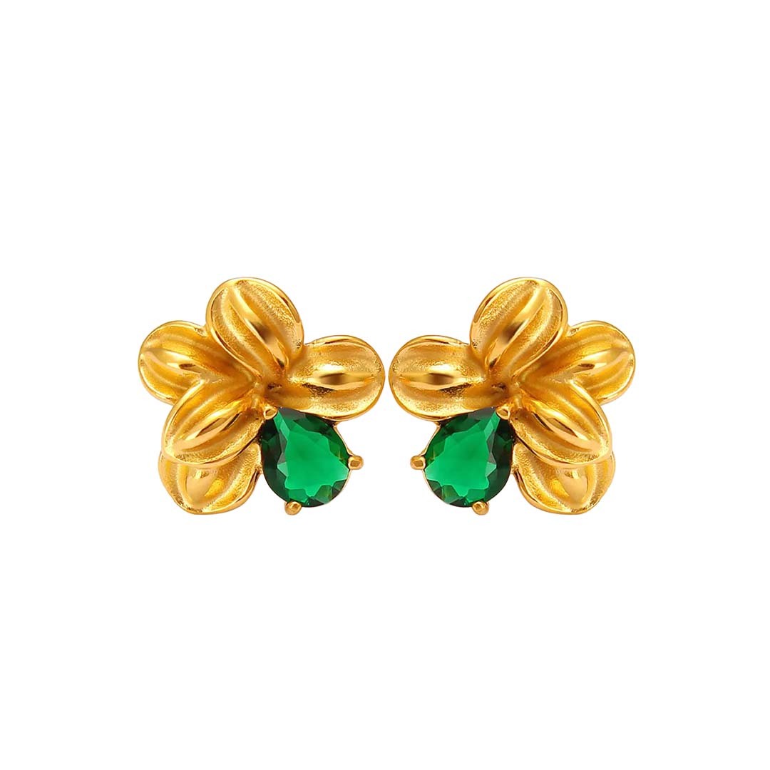 Gold Clover Bloom Green Stud Earrings - Amalfa