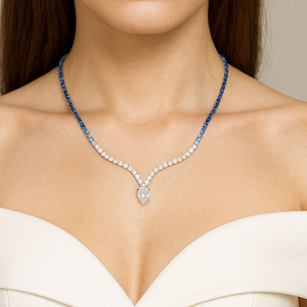Blue Sapphire Diamond V-Curve Necklace For Women