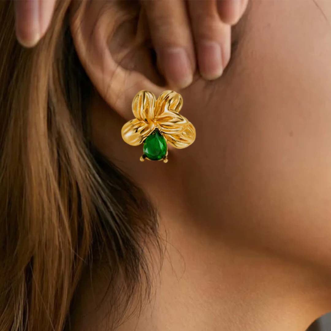 Gold Clover Bloom Green Stud Earrings - Amalfa