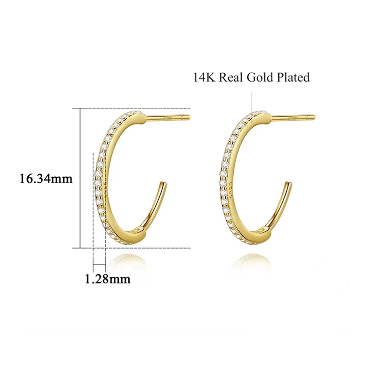 Gold hoop earrings for women with measurements on a white background