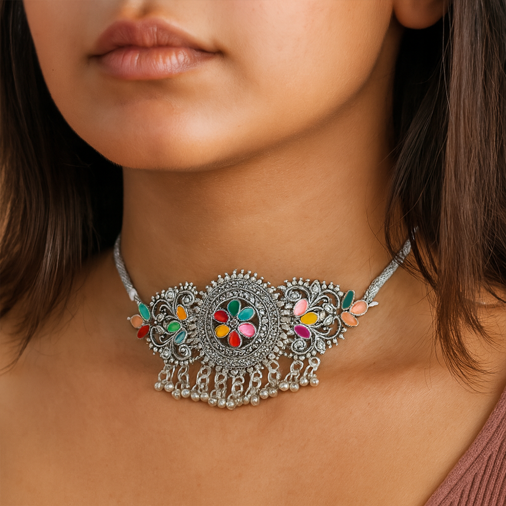 Anira Flora Oxidized Silver Choker Necklace