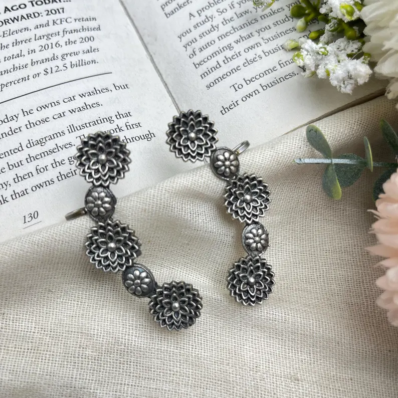 Aarika Floral Oxidized Silver Hoop Earrings