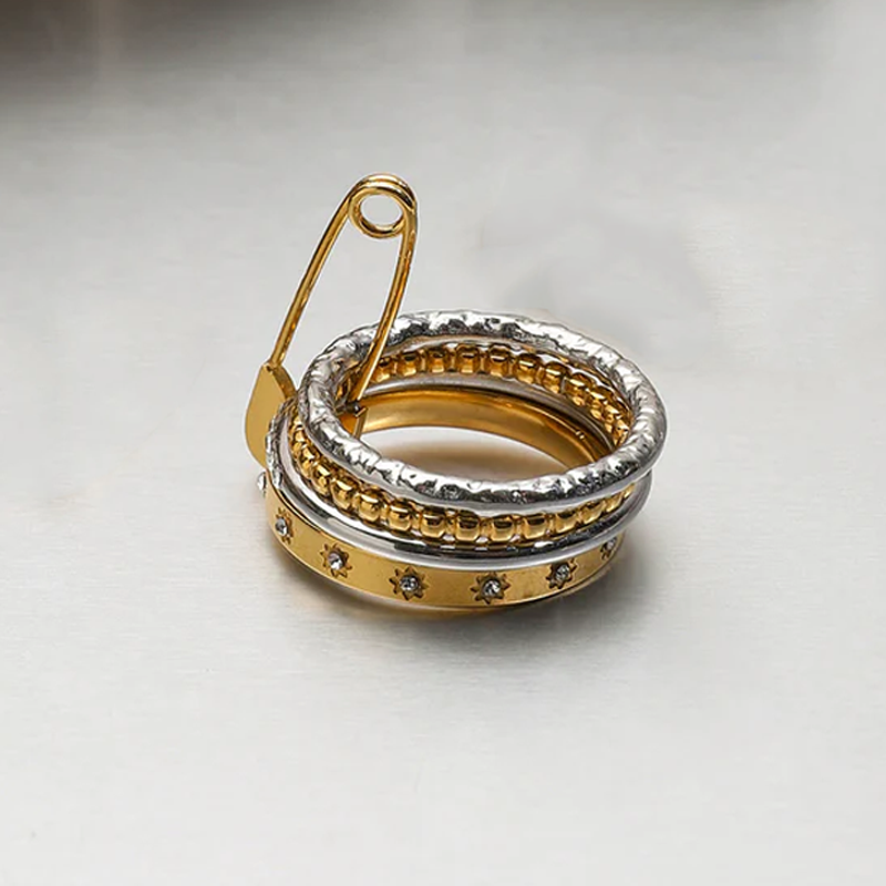 Zira Stacked Band Ring with Safety Pin Detail