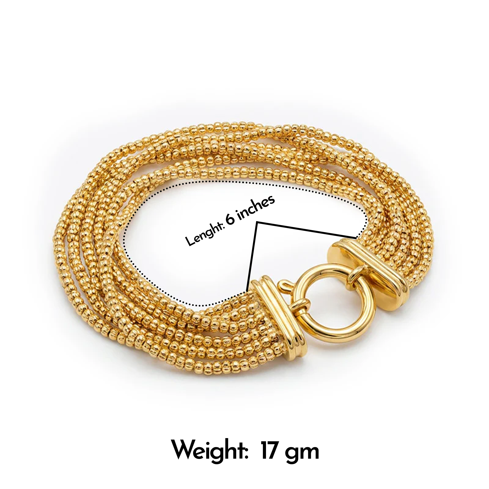 Gold bracelet with a clasp on a white background, showing weight and length information.