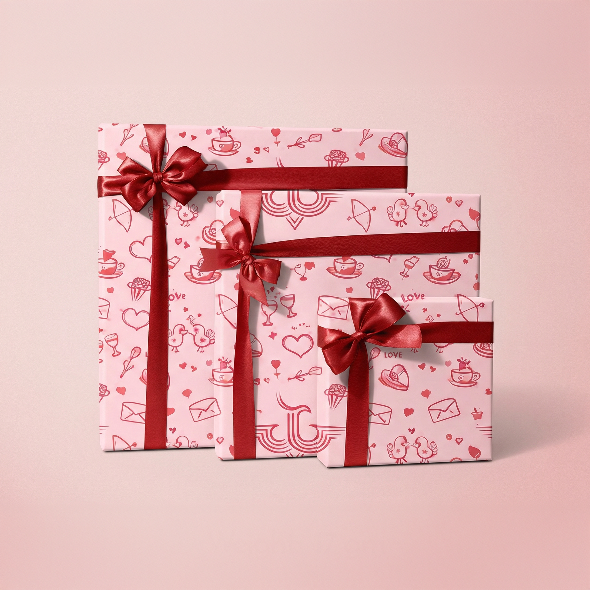Three gift boxes with red ribbons on a pink background