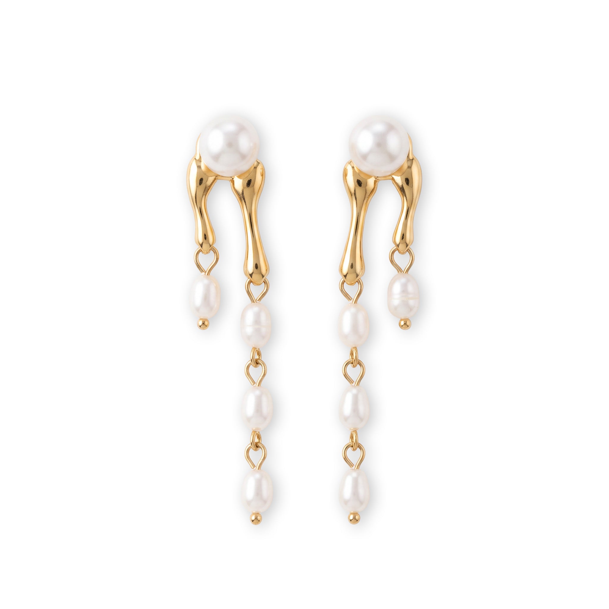 A pair of gold and pearl dangle earrings on a solid white background. Each earring features a large white pearl at the top, set in a polished gold frame with three smaller hanging pearl drops connected by delicate gold chains.