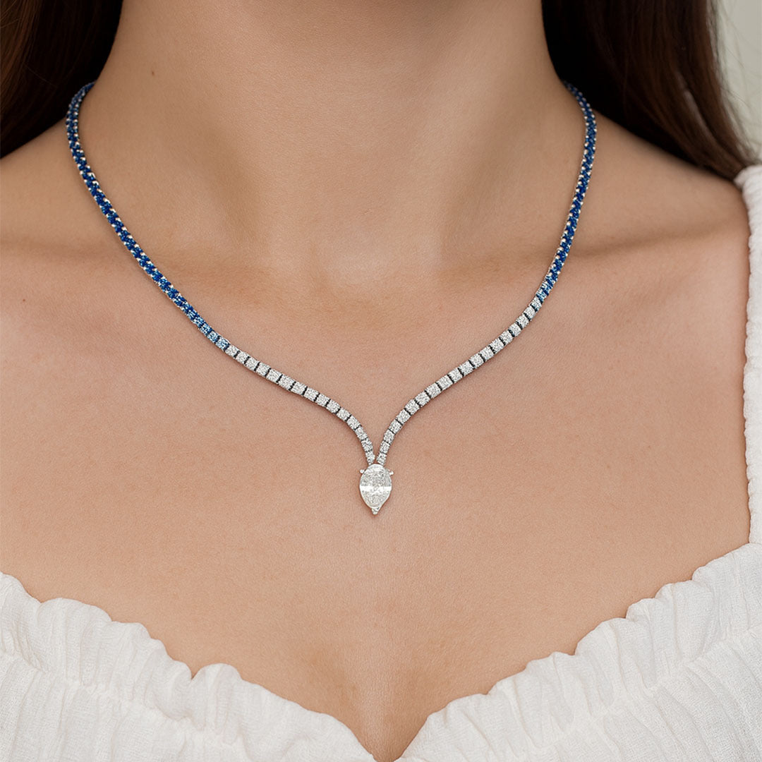 Blue Sapphire Diamond V-Curve Necklace