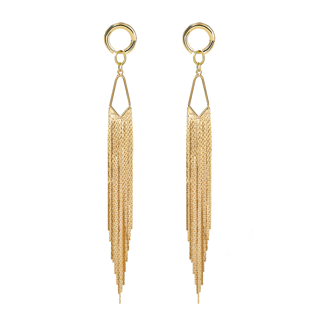 Pair of gold fringe earrings on a white background