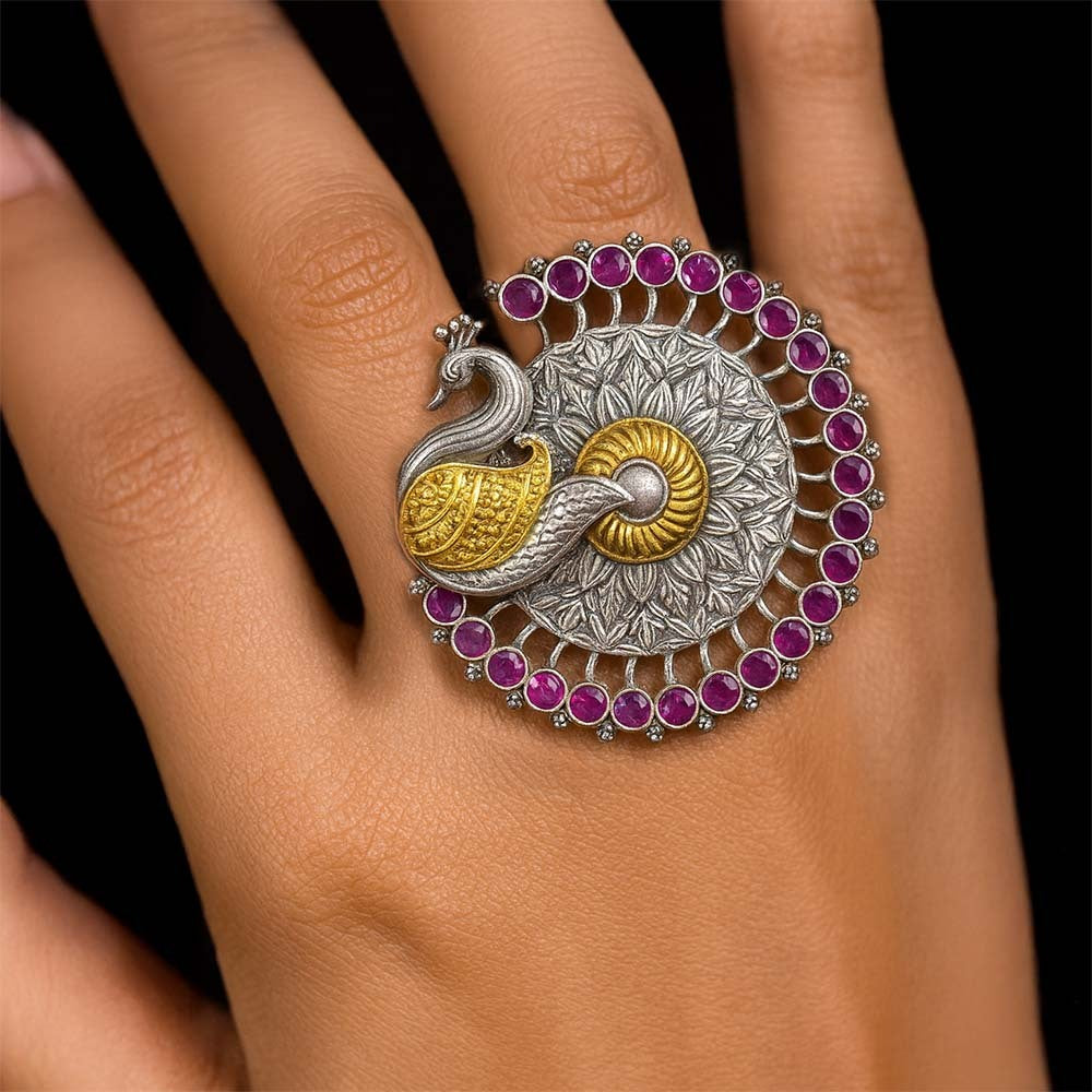 Devika Peacock Oxidised Ring for Women