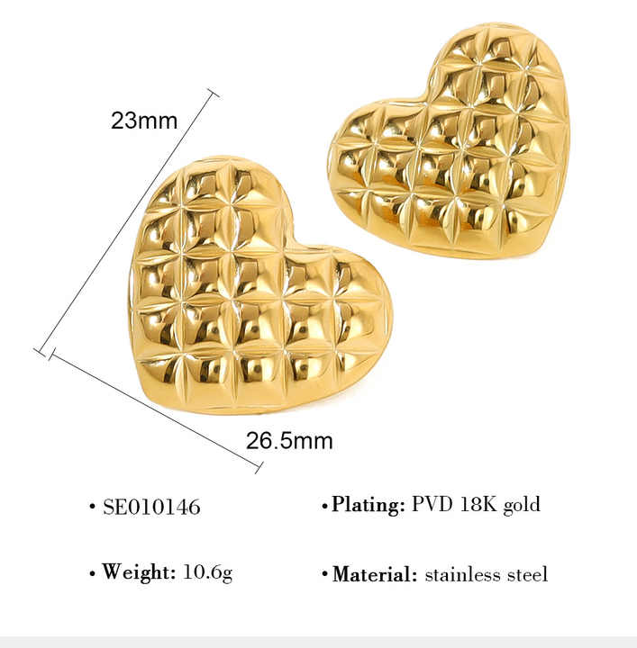 Gold heart-shaped earrings for women with measurements and material details on a white background