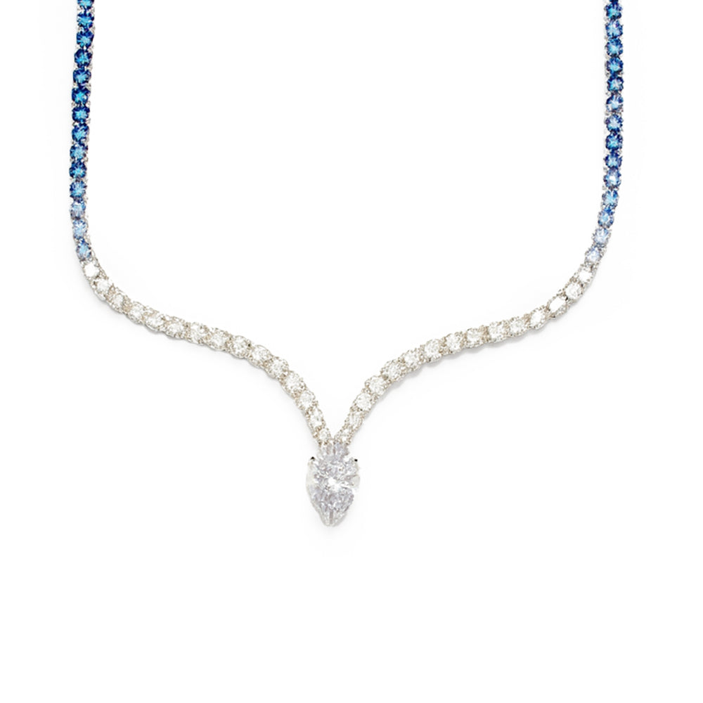 Blue Sapphire Diamond V-Curve Necklace For Women
