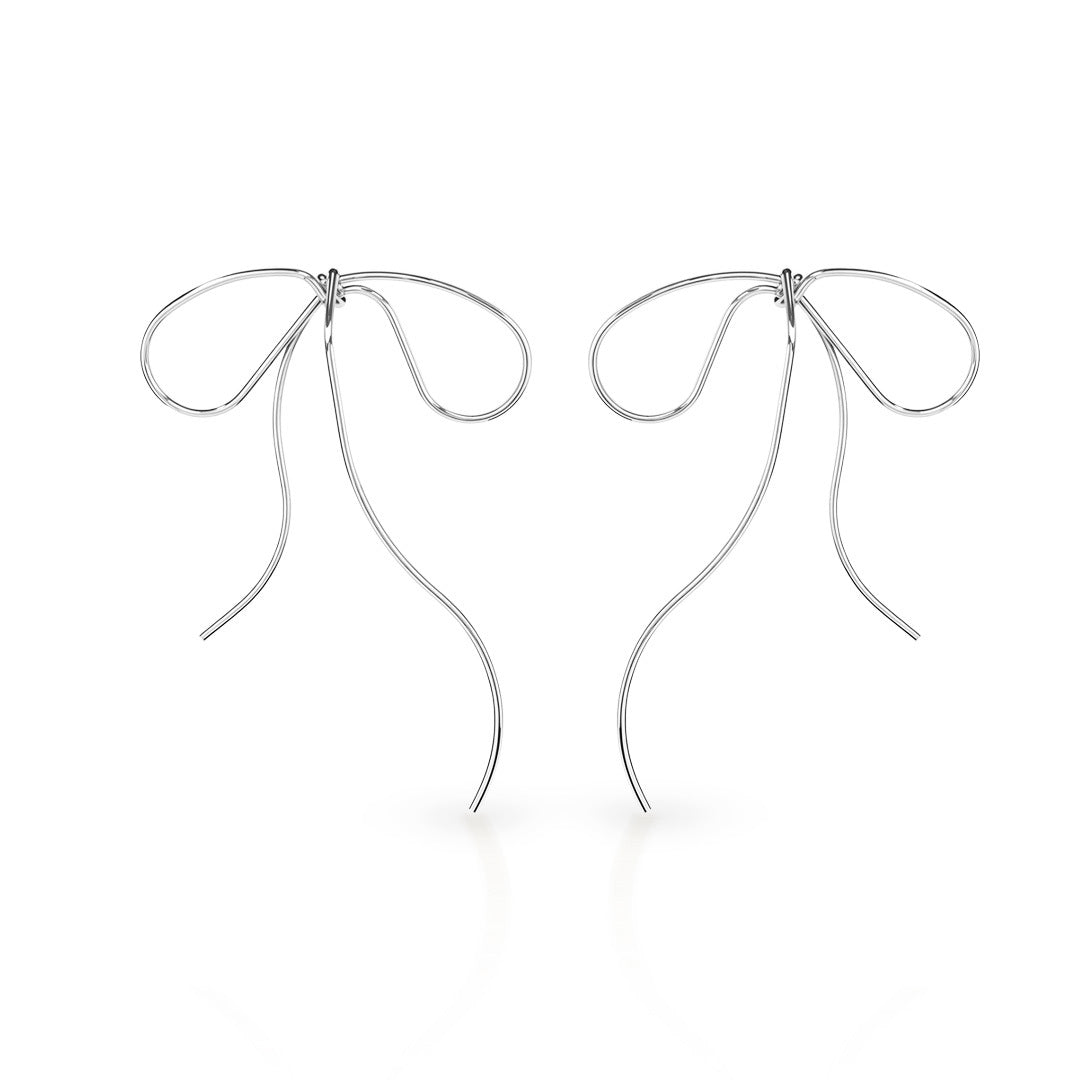 Trendy Silver Bow Shaped Statement Earrings for women with Long Wire Design