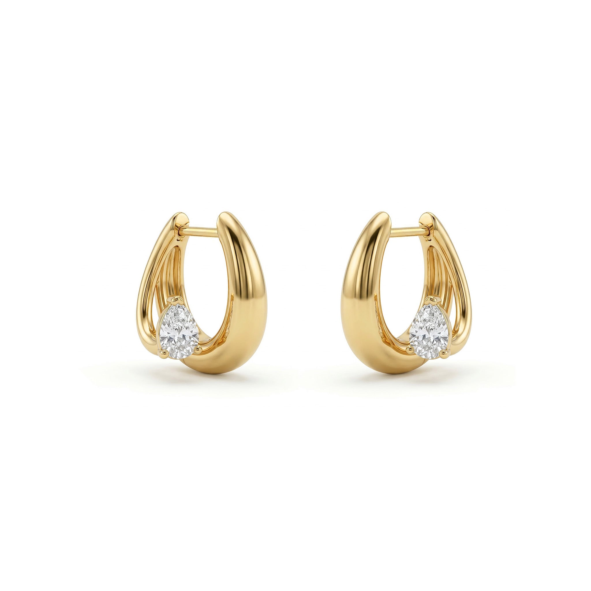Gold hoop earrings with embedded diamonds on a white background