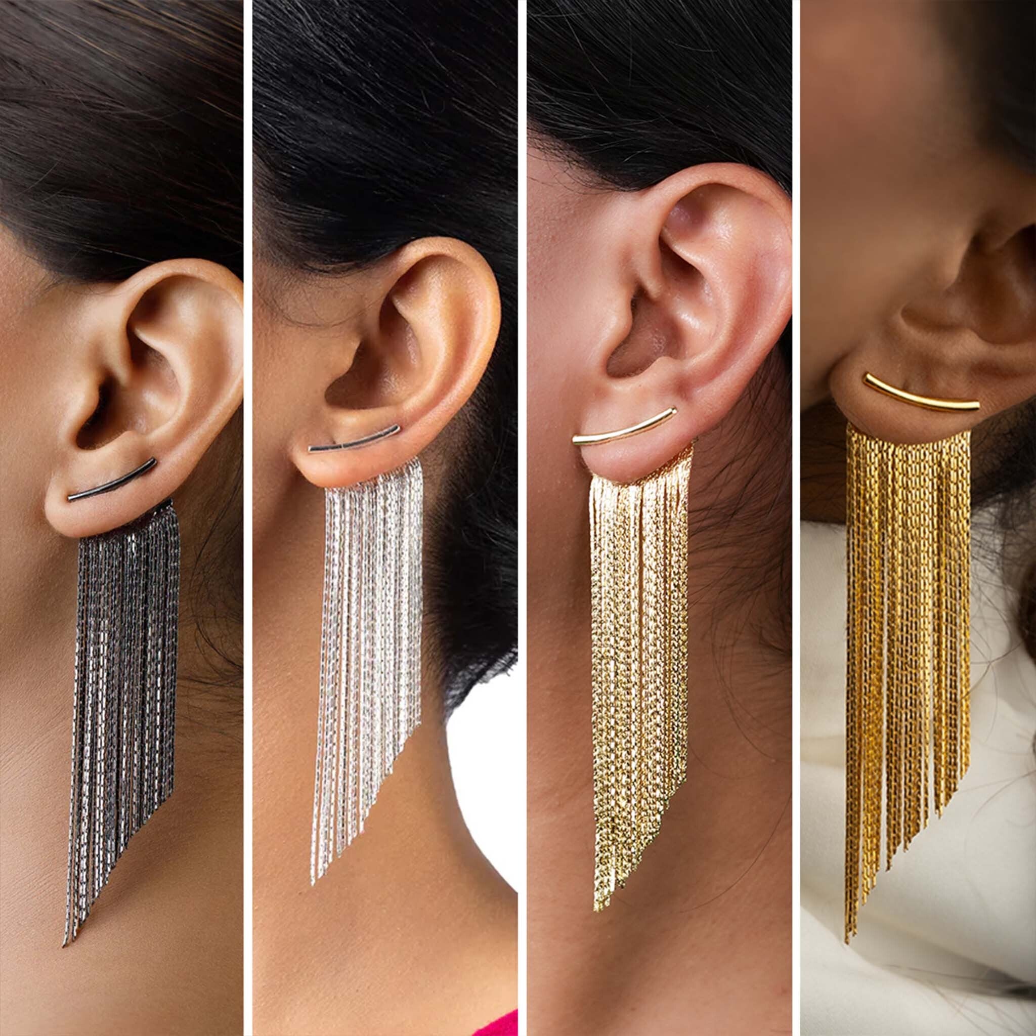 Collage of earrings for women worn on ears, showing silver and gold fringe earrings.